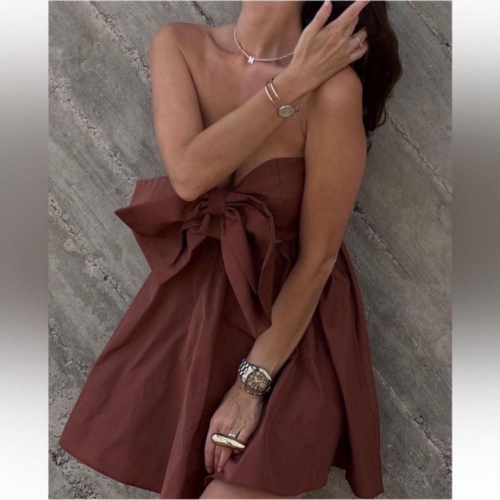 New NWT Zara Cut Out Bow Taffeta Dress in Clay Size XS REF 3600/288 - Picture 5 of 10